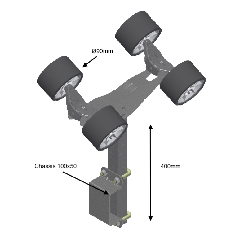 Support 400mm equipped with 4xØ90 rollers - 100x50