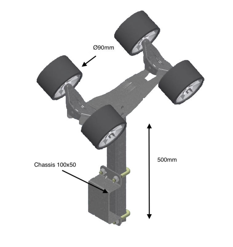 Support 500mm equipped with 4xØ90 rollers - 100x50
