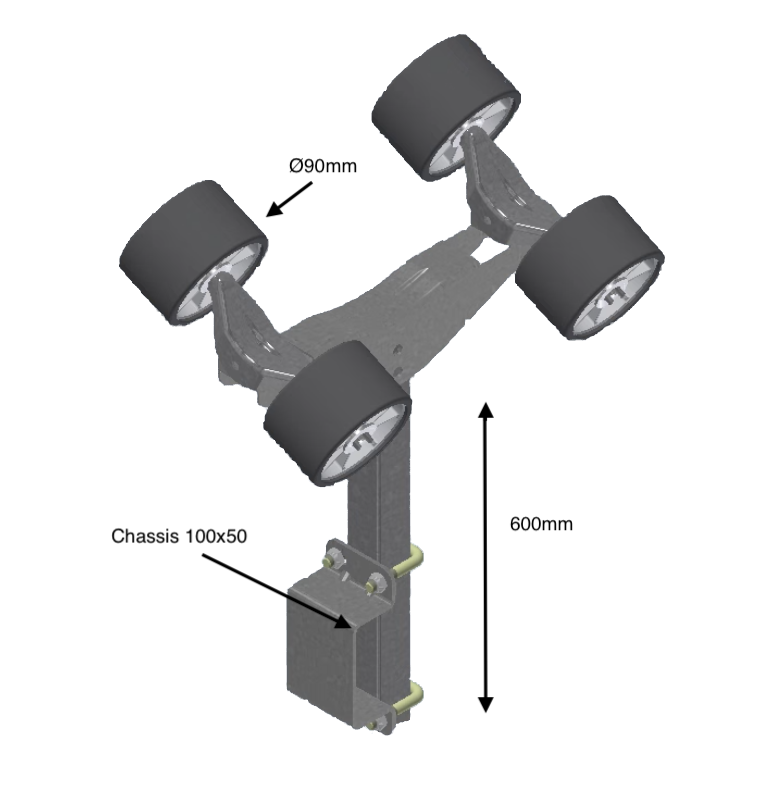 Support 600mm equipped with 4xØ90 rollers - 100x50